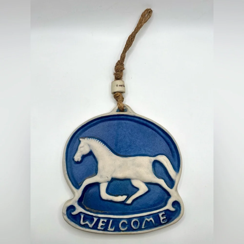 VTG 80s Lay Handmade Ceramic Horse Welcome Plaque Rustic Pottery Hang Western